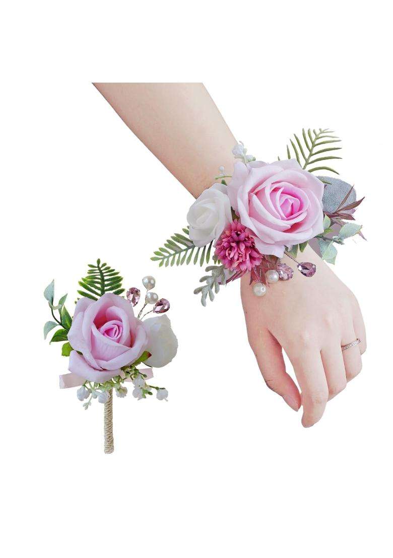 Beciem Pink Corsage and Boutonniere Set for Bride Groom Bridesmaids Groomsmen Wedding Homecoming Flowers Prom - Indya