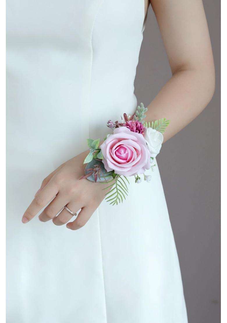 Beciem Pink Corsage and Boutonniere Set for Bride Groom Bridesmaids Groomsmen Wedding Homecoming Flowers Prom - Indya