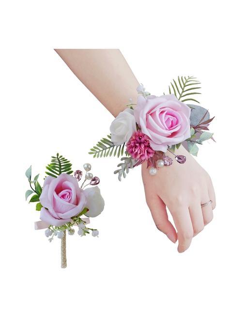 Beciem Pink Corsage and Boutonniere Set for Bride Groom Bridesmaids Groomsmen Wedding Homecoming Flowers Prom