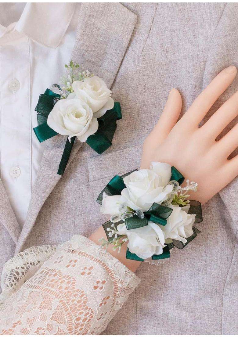Ansuma Creamy White Rose Flower Wrist Corsage Boutonniere Set Bridesmaid Wrist Corsage Bracelet and Groom - Indya