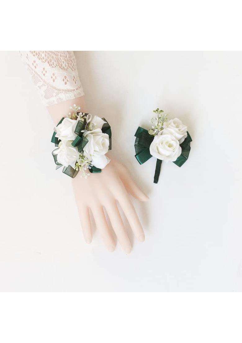 Ansuma Creamy White Rose Flower Wrist Corsage Boutonniere Set Bridesmaid Wrist Corsage Bracelet and Groom - Indya