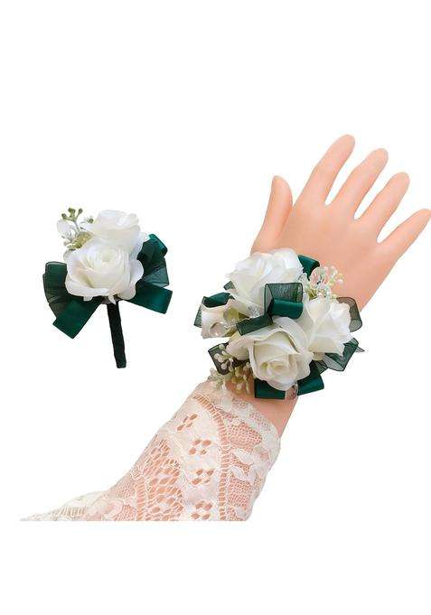Ansuma Creamy White Rose Flower Wrist Corsage Boutonniere Set Bridesmaid Wrist Corsage Bracelet and Groom