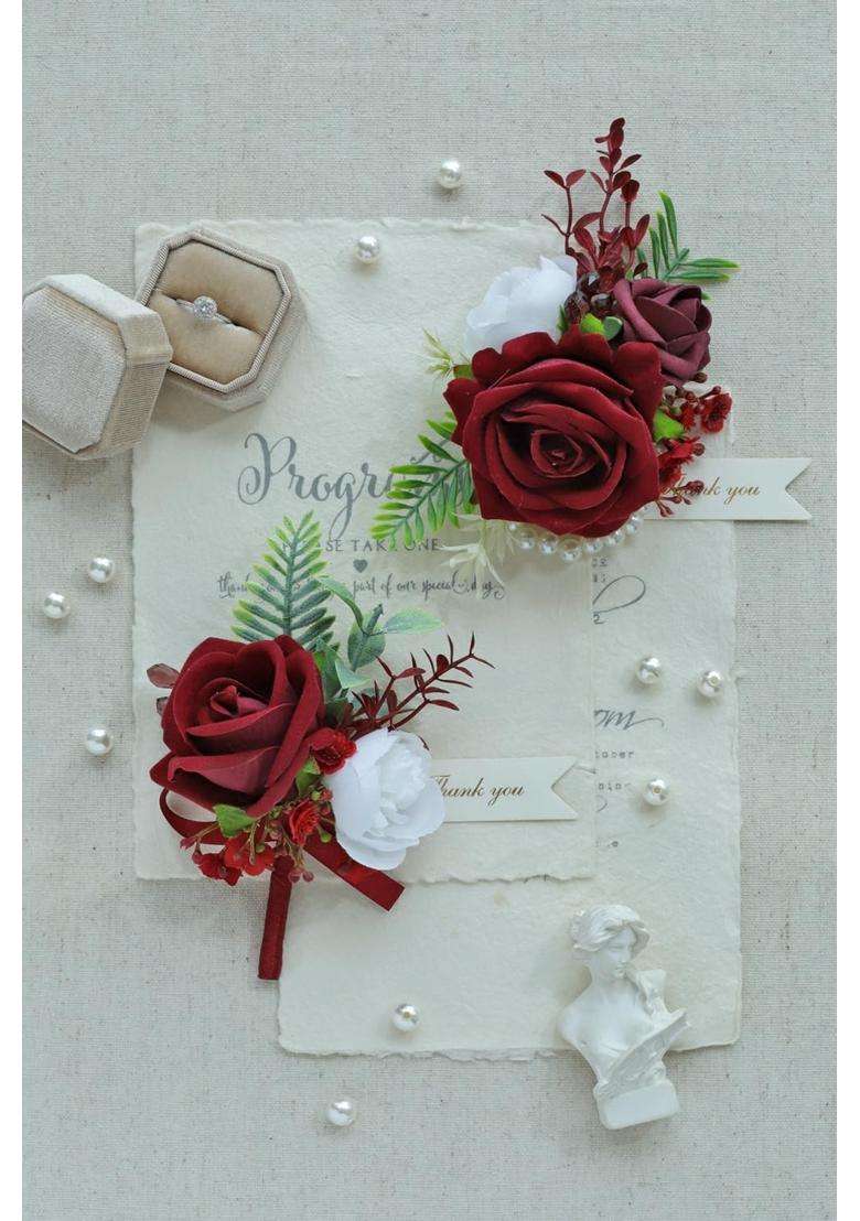 Beciem Red Corsage and Boutonniere Set for Bride Groom Bridesmaids Groomsmen Wedding Homecoming Flowers Prom - Indya