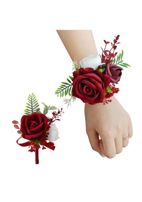 Beciem Red Corsage and Boutonniere Set for Bride Groom Bridesmaids Groomsmen Wedding Homecoming Flowers Prom