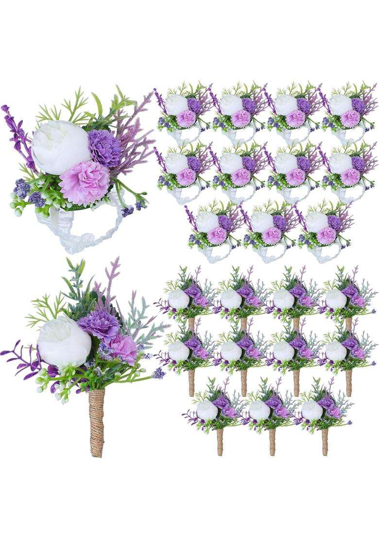 Glitinsel 24 Pcs Purple Wrist Corsage and Boutonniere Set for Wedding Artificial Corsage Wristlet - Indya