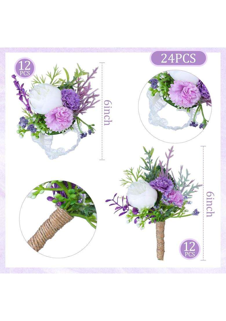 Glitinsel 24 Pcs Purple Wrist Corsage and Boutonniere Set for Wedding Artificial Corsage Wristlet - Indya