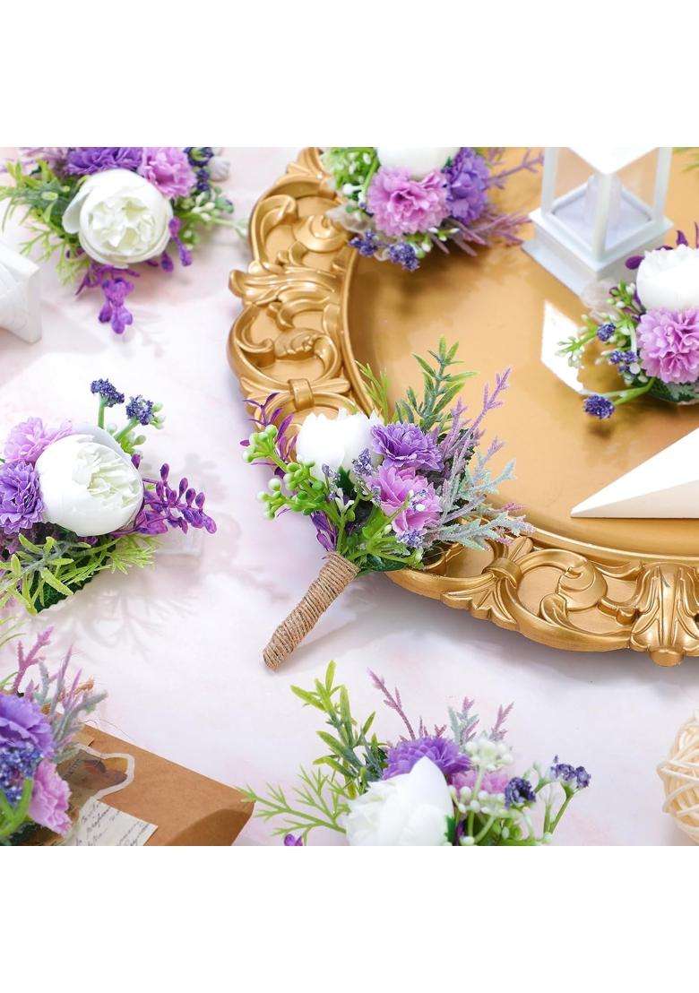 Glitinsel 24 Pcs Purple Wrist Corsage and Boutonniere Set for Wedding Artificial Corsage Wristlet - Indya