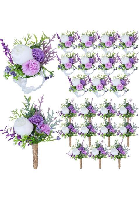 Glitinsel 24 Pcs Purple Wrist Corsage and Boutonniere Set for Wedding Artificial Corsage Wristlet