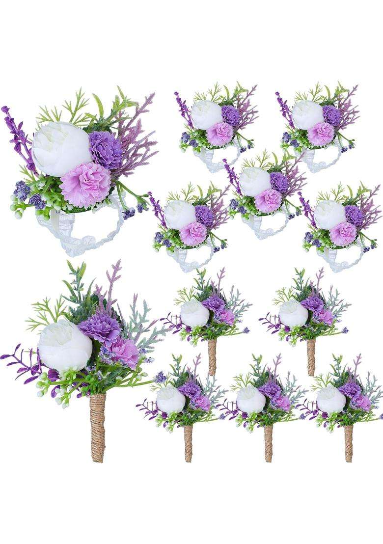 Glitinsel 12 Pieces Wedding Corsage and Boutonniere Set Artificial Rose Wedding Corsage Wristband with Pins - Indya
