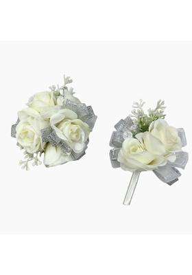 Ansuma White Rose Flower Wrist Corsage Boutonniere Set Bridesmaid Wrist Corsage Bracelet and Groom and Best