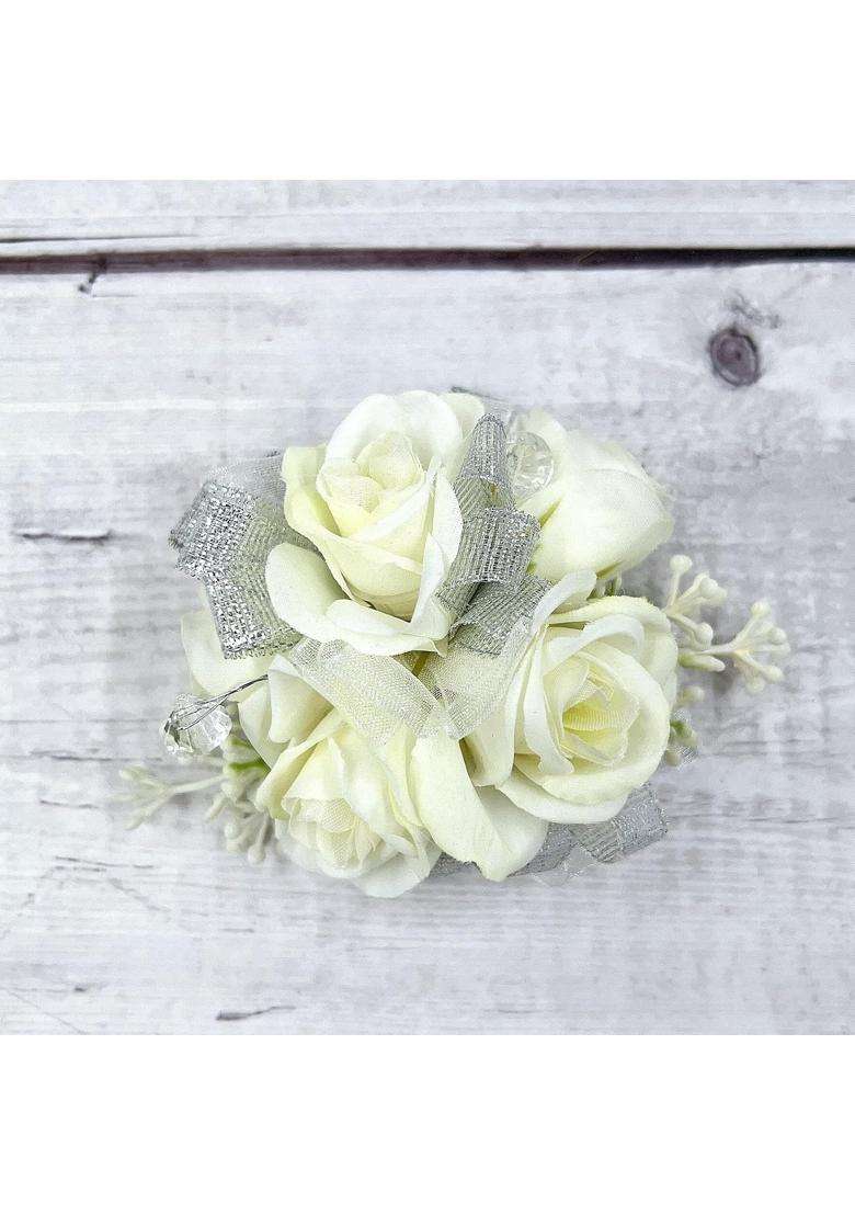 Ansuma White Rose Flower Wrist Corsage Boutonniere Set Bridesmaid Wrist Corsage Bracelet and Groom and Best - Indya