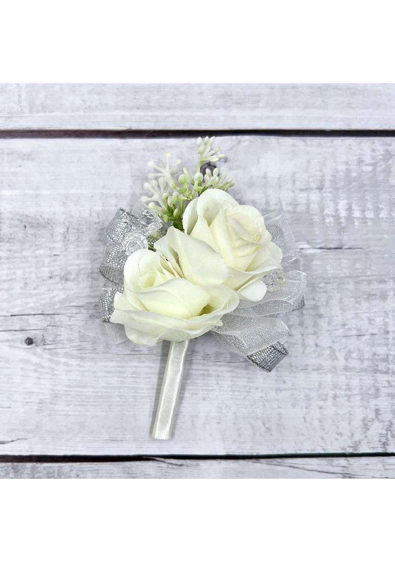 Ansuma White Rose Flower Wrist Corsage Boutonniere Set Bridesmaid Wrist Corsage Bracelet and Groom and Best - Indya