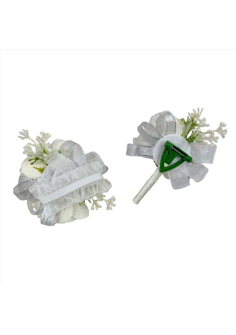 Ansuma White Rose Flower Wrist Corsage Boutonniere Set Bridesmaid Wrist Corsage Bracelet and Groom and Best - Indya
