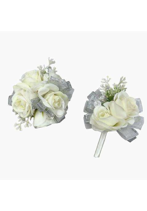 Ansuma White Rose Flower Wrist Corsage Boutonniere Set Bridesmaid Wrist Corsage Bracelet and Groom and Best