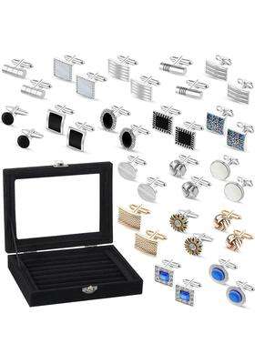 Thiccywoov 18 Pairs Classic Mens Cuff Links with Jewelry Box Set Tuxedo Shirt Cufflinks Set Striped Disc