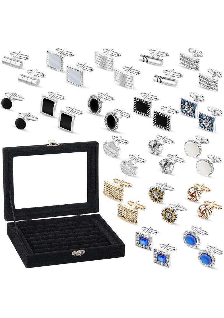 Thiccywoov 18 Pairs Classic Mens Cuff Links with Jewelry Box Set Tuxedo Shirt Cufflinks Set Striped Disc - Indya