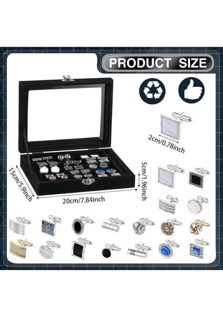 Thiccywoov 18 Pairs Classic Mens Cuff Links with Jewelry Box Set Tuxedo Shirt Cufflinks Set Striped Disc - Indya