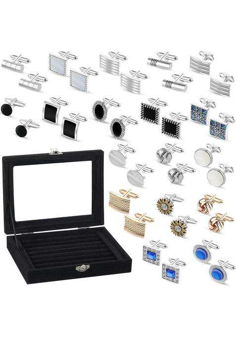 Thiccywoov 18 Pairs Classic Mens Cuff Links with Jewelry Box Set Tuxedo Shirt Cufflinks Set Striped Disc