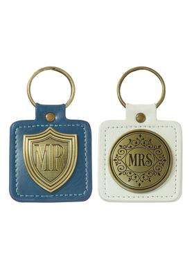 Christian Art Gifts Blue White Faux Leather Scripture Keychain Set for Bride and Groom