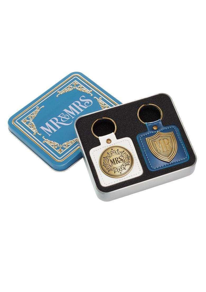 Christian Art Gifts Blue White Faux Leather Scripture Keychain Set for Bride and Groom - Indya