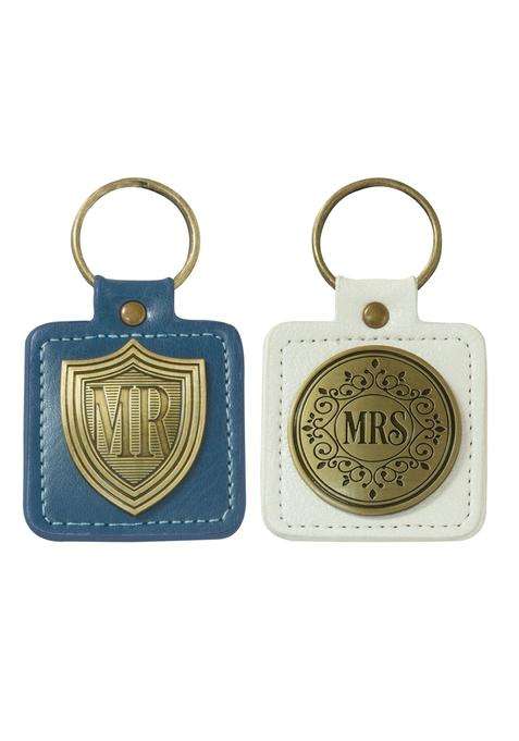 Christian Art Gifts Blue White Faux Leather Scripture Keychain Set for Bride and Groom