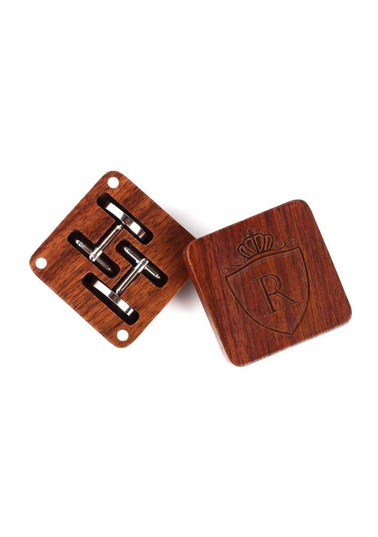 Prophet Clue PC Mens Initial Silver Cufflinks a Z Alphabet Letter Steel Cuff Links with Engraved Walnut Wood - Indya