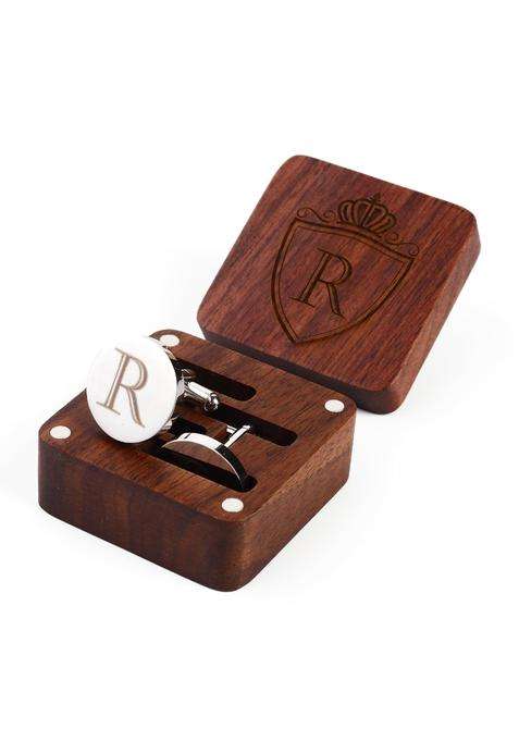 Prophet Clue PC Mens Initial Silver Cufflinks a Z Alphabet Letter Steel Cuff Links with Engraved Walnut Wood