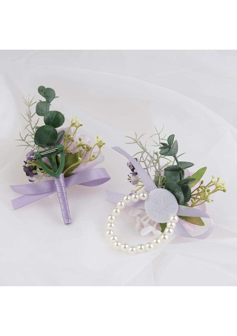 Alizeal 2Pcs of Wrist Corsage and Boutonniere Set Artificial Flowers Accessories Suit Decor for Wedding Prom - Indya