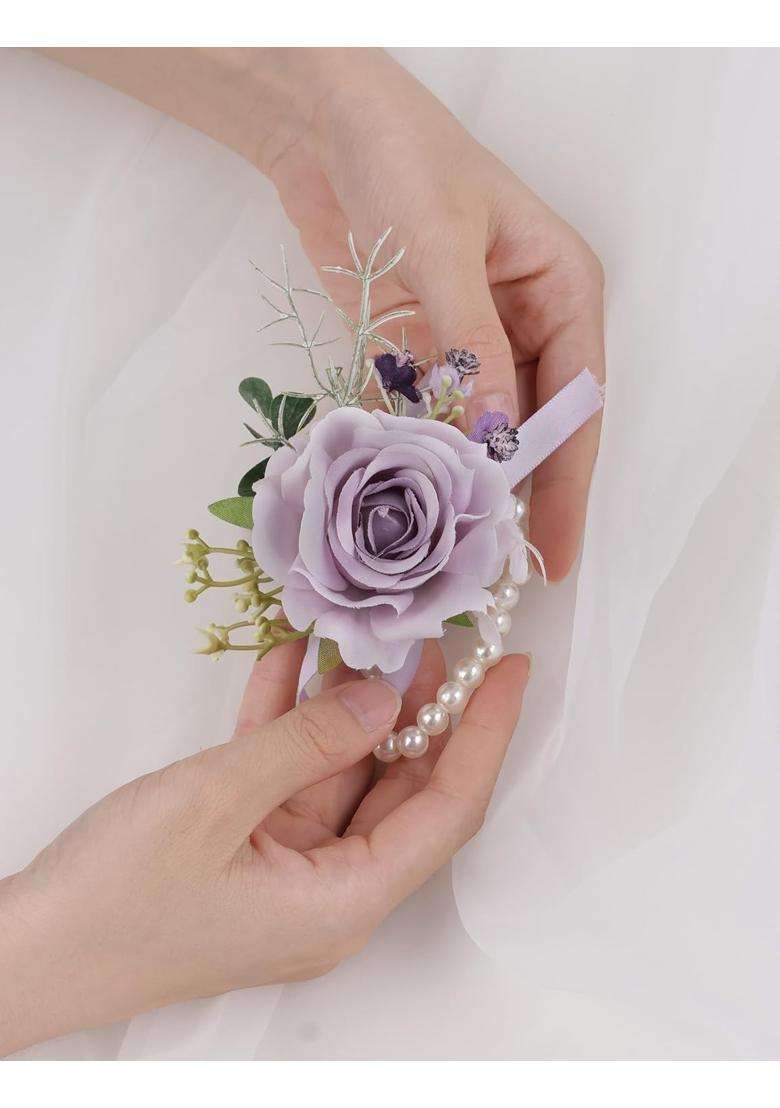 Alizeal 2Pcs of Wrist Corsage and Boutonniere Set Artificial Flowers Accessories Suit Decor for Wedding Prom - Indya
