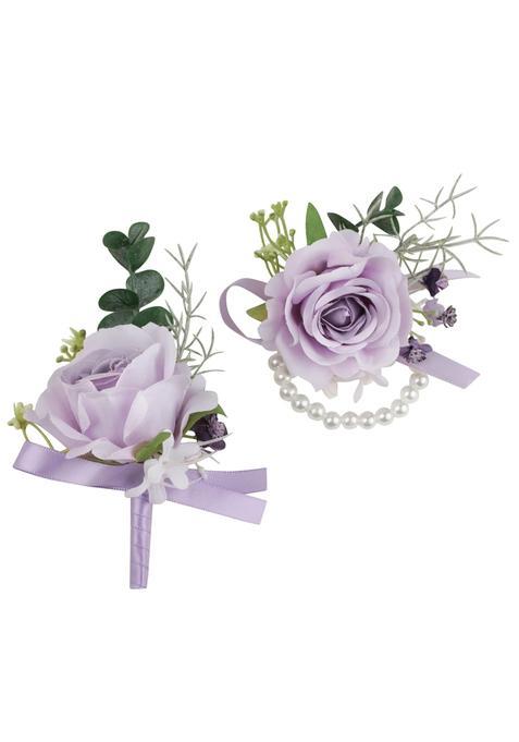 Alizeal 2Pcs of Wrist Corsage and Boutonniere Set Artificial Flowers Accessories Suit Decor for Wedding Prom