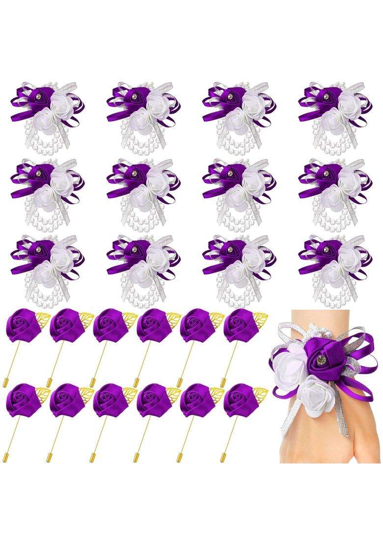 Tigeen 24 Pcs Corsage and Boutonniere Set 12 Pcs Wrist Corsages for Prom 12 Pcs Silk Rose Groom Mens - Indya