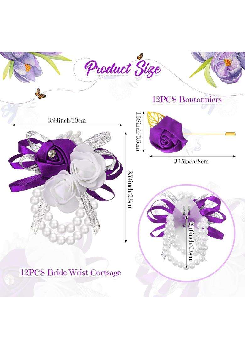 Tigeen 24 Pcs Corsage and Boutonniere Set 12 Pcs Wrist Corsages for Prom 12 Pcs Silk Rose Groom Mens - Indya
