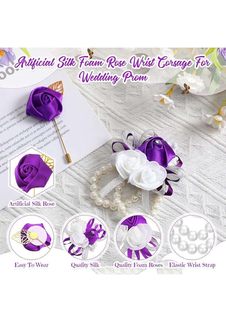 Tigeen 24 Pcs Corsage and Boutonniere Set 12 Pcs Wrist Corsages for Prom 12 Pcs Silk Rose Groom Mens - Indya