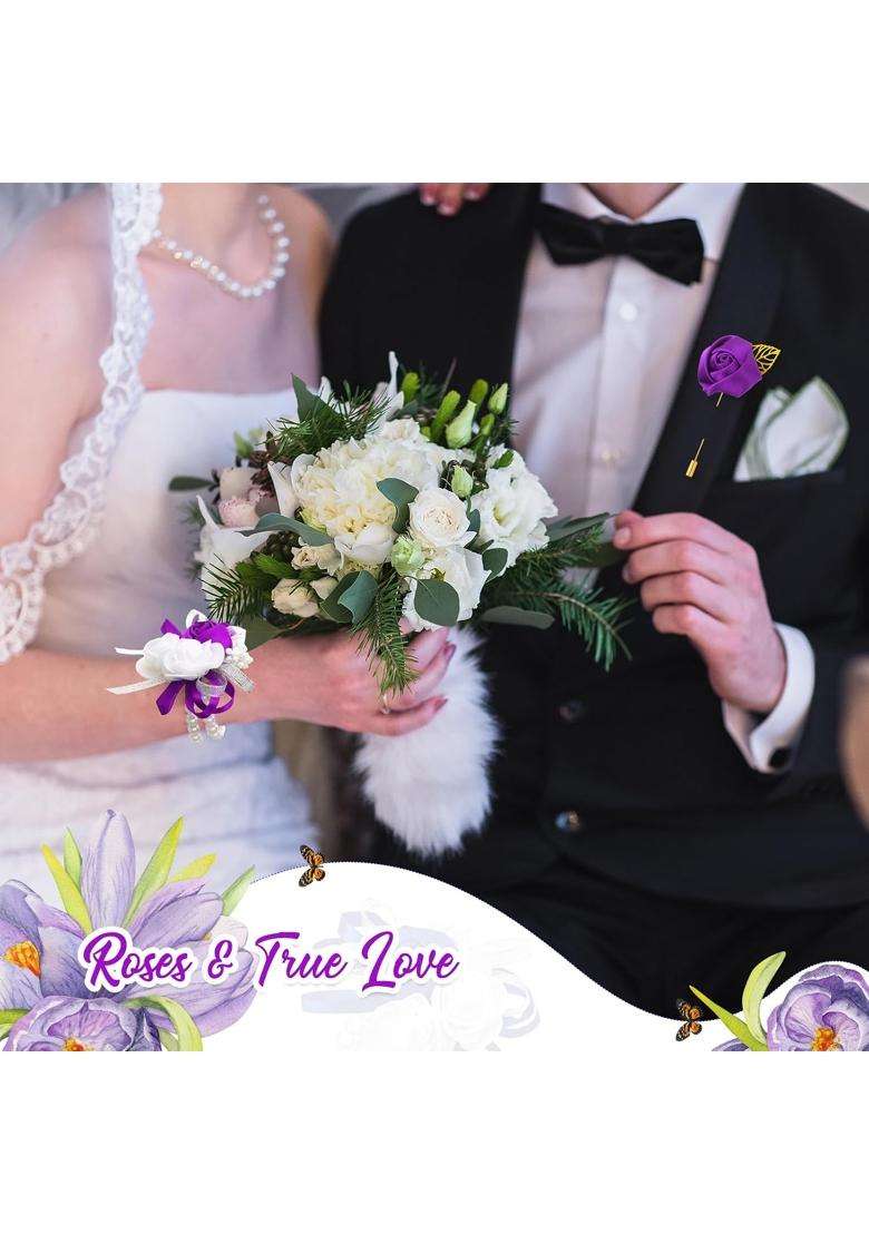 Tigeen 24 Pcs Corsage and Boutonniere Set 12 Pcs Wrist Corsages for Prom 12 Pcs Silk Rose Groom Mens - Indya