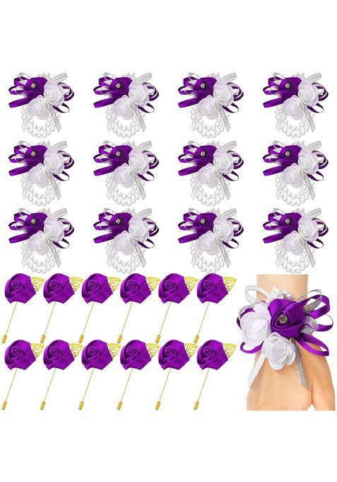 Tigeen 24 Pcs Corsage and Boutonniere Set 12 Pcs Wrist Corsages for Prom 12 Pcs Silk Rose Groom Mens