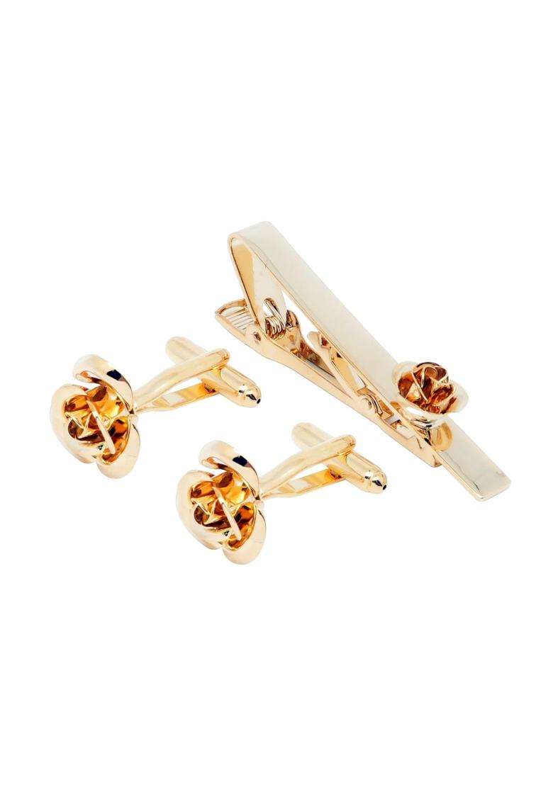 Jonwo Rose Flower Cufflinks and Tie Pin Set Regular Necktie Tie Clip Tie Bar Men Cufflinks for Wedding - Indya