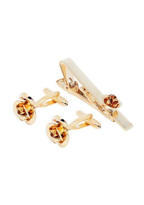 Jonwo Rose Flower Cufflinks and Tie Pin Set Regular Necktie Tie Clip Tie Bar Men Cufflinks for Wedding
