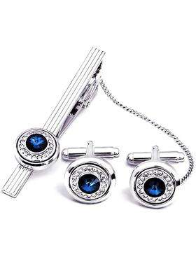 BXLE Starry Sky Cufflinks and Chain Tie Clip Set Ocean Blue Glass Necktie Bar and Shirt Studs Button