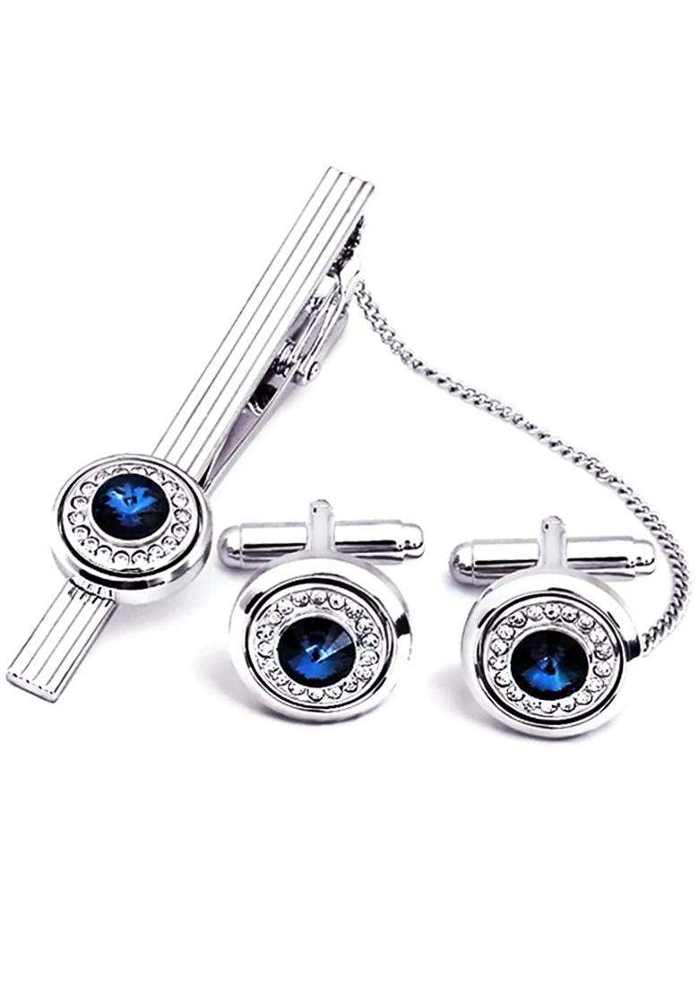 BXLE Starry Sky Cufflinks and Chain Tie Clip Set Ocean Blue Glass Necktie Bar and Shirt Studs Button - Indya