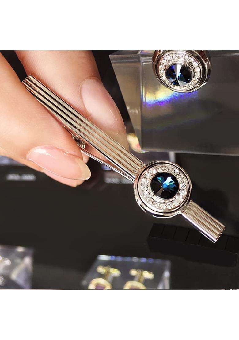 BXLE Starry Sky Cufflinks and Chain Tie Clip Set Ocean Blue Glass Necktie Bar and Shirt Studs Button - Indya