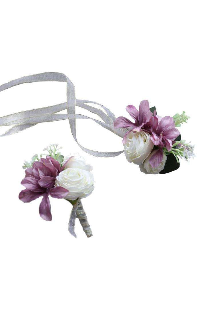 Flonding Wrist Corsage and Brooch Boutonniere Set for Wedding Event Party Prom Wristband Hand Flower Suit - Indya