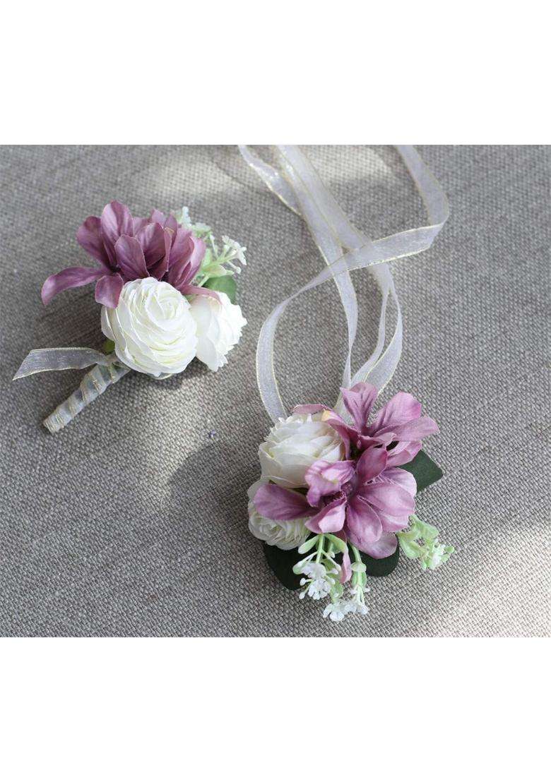 Flonding Wrist Corsage and Brooch Boutonniere Set for Wedding Event Party Prom Wristband Hand Flower Suit - Indya