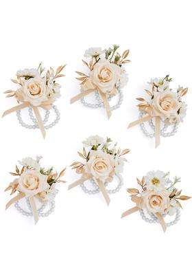 Serwalin Wrist Corsage for Wedding Champagne Artificial Flowers Roses Wrist Corsage for Prom Set of 6