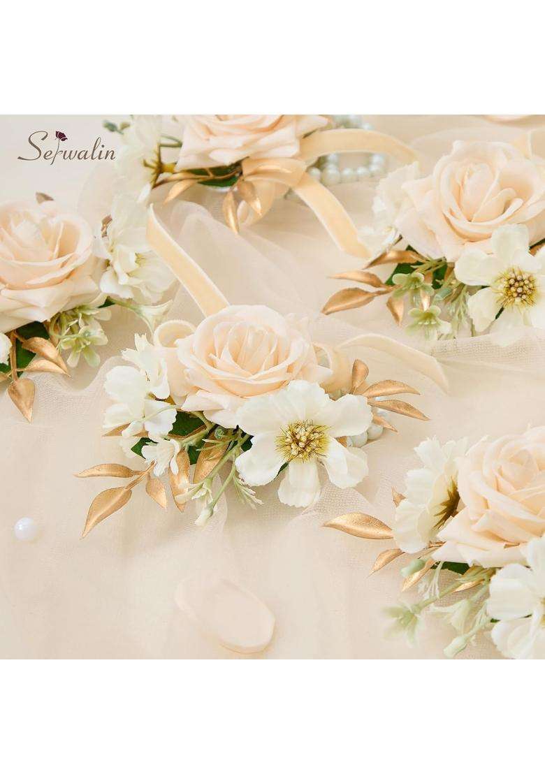 Serwalin Wrist Corsage for Wedding Champagne Artificial Flowers Roses Wrist Corsage for Prom Set of 6 - Indya
