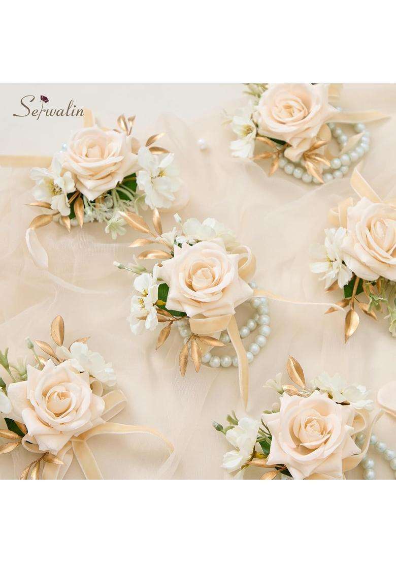 Serwalin Wrist Corsage for Wedding Champagne Artificial Flowers Roses Wrist Corsage for Prom Set of 6 - Indya
