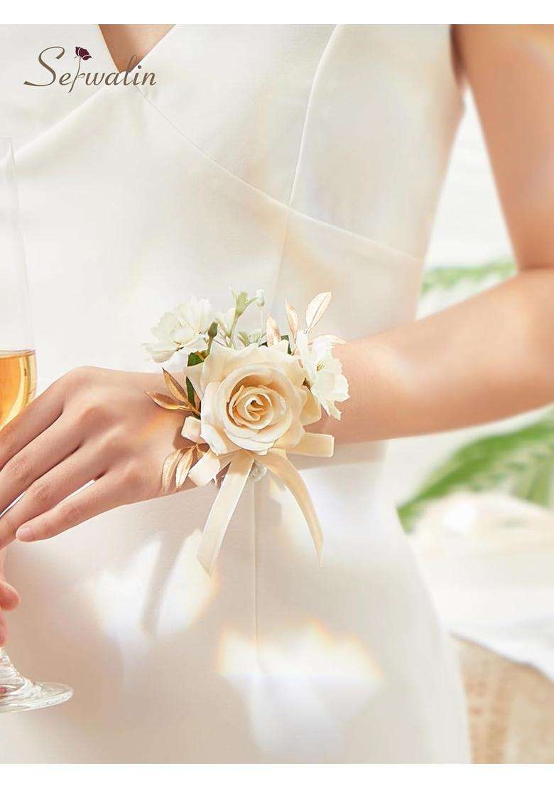 Serwalin Wrist Corsage for Wedding Champagne Artificial Flowers Roses Wrist Corsage for Prom Set of 6 - Indya