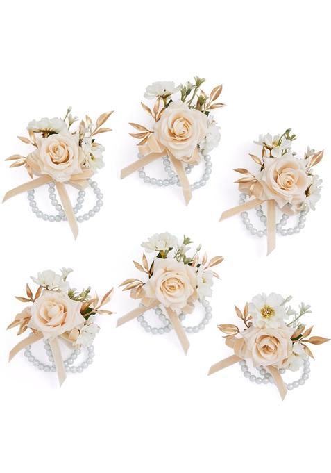 Serwalin Wrist Corsage for Wedding Champagne Artificial Flowers Roses Wrist Corsage for Prom Set of 6