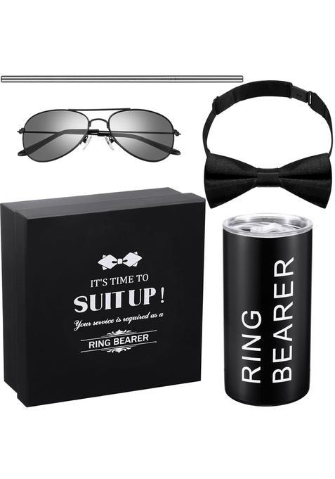 Mepase 4 Pcs Ring Wedding Bearer Gifts Include Groomsmen Proposal Box Sunglasses Tie and Tumbler