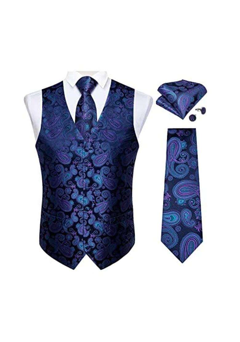 Dibangu Mens Paisley Waistcoat and Necktie Pocket Square Cufflink Vest Suit Set for Tuxedo - Indya