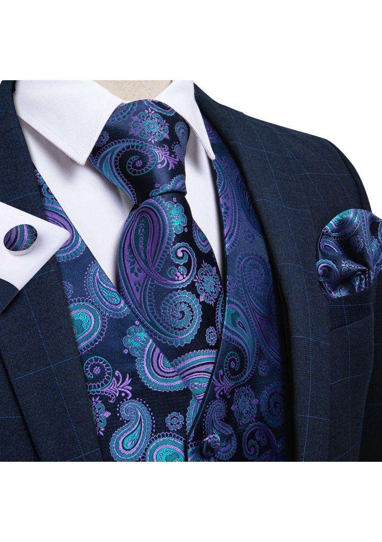 Dibangu Mens Paisley Waistcoat and Necktie Pocket Square Cufflink Vest Suit Set for Tuxedo - Indya